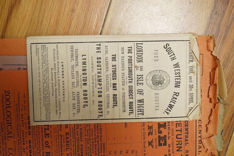 A collection of 19th and early 20th century railway related documents including 1893 South Western Railway route map incorporating a railway map of the Isle of Wight, a document relating to South Western railway lines sh